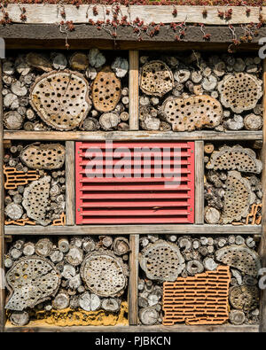 Face avant d'un insecte hôtel avec divers éléments sur une journée ensoleillée au printemps Banque D'Images