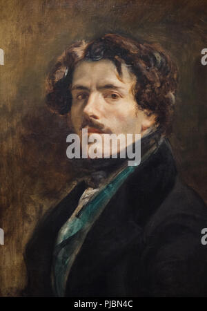 L'auto-portrait par le peintre romantique français Eugène Delacroix, connu comme 'l'auto-portrait dans la veste verte' (ca. 1837) sur l'affichage à son exposition rétrospective au musée du Louvre à Paris, France. L'exposition présentant les chefs-d le chef du romantisme français s'exécute jusqu'au 23 juillet 2018. Banque D'Images