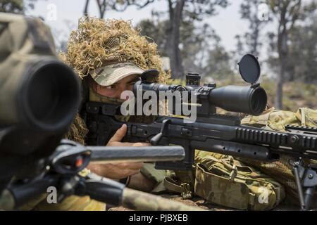 Zone d'entraînement de POHAKULOA, New York (14 juillet 2018) un sniper de l'armée australienne avec le 2e Bataillon du Royal Australian Regiment, attractions touristiques à sur une cible avec un fusil de sniper 2 Tactique Blaser au cours de l'entraînement au tir réel dans le cadre du Rim of the Pacific (RIMPAC) au secteur d'entraînement de Pohakuloa, New York, le 14 juillet 2018. La formation au tir de sniper intégré des équipes d'autres participants de l'EXERCICE RIMPAC avec les Marines américains, qui prévoit la formation de grande valeur pour la tâche-organisé, hautement capable air-sol marin Task Force et améliore la capacité d'intervention de crise critique de Marines américains dans le Pacifique. Vingt-cinq n Banque D'Images