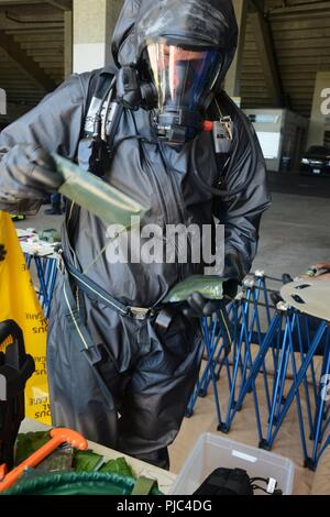 Les membres de la Garde nationale de l'Oregon 102e d'armes de destruction massive de l'équipe de soutien civil travaillent ensemble pour identifier les matières dangereuses dans le cadre d'un exercice conjoint de formation de l'agence, le 12 juillet 2018, à l'Autzen Stadium, l'Université de l'Oregon à Eugene, Oregon, l'exercice est organisé pour faciliter les communications opérationnelles et, tout en intégrant des ressources entre l'Université de l'Oregon et de premiers intervenants locaux organismes à inclure l'Université de police, Police Eugene Groupe de l'enlèvement des explosifs, le sapin et Eugene HazMat 2 Services de protection fédéraux. (Garde nationale Banque D'Images