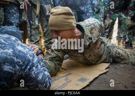 Zone d'entraînement de POHAKULOA, New York (15 juillet 2018) U.S. Marine Corps 1er Sgt. Erik Velez, droite, première société sergent, la Compagnie Charlie, 1er Bataillon, 3e Régiment de Marines, et une Marine du Sri Lanka s'engager dans un bras de fer amical au cours de la concurrence de Rim of the Pacific (RIMPAC) au secteur d'entraînement de Pohakuloa, New York, le 15 juillet 2018. RIMPAC fournit une formation de valeur pour la tâche-organisé, hautement capable air-sol marin Task Force et améliore la capacité d'intervention de crise critique de Marines américains dans le Pacifique. Vingt-cinq nations, 46 navires, 5 sous-marins, environ 200 avions et 25 000 Banque D'Images