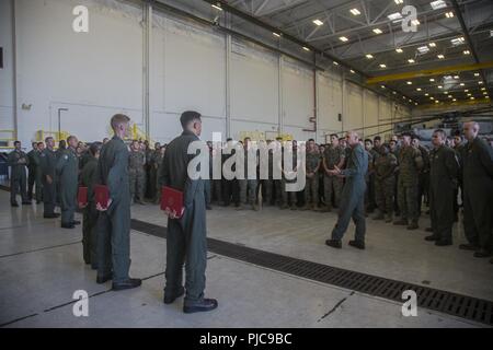 Le Capitaine Ryan J. Boyer, Capt A. Molly O'Malley, et Sgt. Garrett D. Mills de l'Escadron d'hélicoptères lourds Marine (HMH), 462 aéronefs Marine Group (MAG) 16, 3e escadre aérienne de la Marine (MAW) sont attribuées la Médaille de l'air Marine Corps Air Station Miramar, Californie, le 24 juillet. Le général Kevin M. IIams, 3e Commandant général MAW, a attribué la médaille de la marine pour leurs vaillants efforts immédiats et à assurer la sécurité de leurs passagers après leur avion a pris feu pendant les opérations de ravitaillement au large de la côte d'Okinawa, au Japon, le 11 octobre 2017. (Marine Corps Banque D'Images