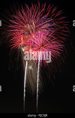 Peinture d'artifice le ciel au dessus de la base de la formation de forces interarmées, Los Alamitos, Californie, le 4 juillet 2018. Les partenaires d'installation avec les communautés locales pour présenter le 4 juillet annuel de la communauté d'artifice spectaculaire. Les presque 5 heures et les fournisseurs recommandés affiche militaire, des représentations musicales, et a abouti à un spectacle de 25 minutes de jeu de la musique patriotique. Banque D'Images