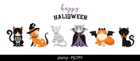 Happy Halloween - chats en costumes de monstres, Halloween party. Illustration vectorielle, bannière, éléments exposés Illustration de Vecteur