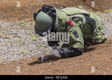 SCHOFIELD BARRACKS, Missouri (20 juillet 2018) Le Matelot Tchad Downey, un plongeur-démineur avec l'Unité de plongée de la Flotte (Atlantique), inspecte les vestiges d'une simulation d'engins explosifs improvisés (IED) dans le cadre d'un EEI scénario contre-mesures au cours de l'exercice RIMPAC 2018. Vingt-cinq nations, 46 navires, 5 sous-marins, et d'environ 200 aéronefs et 25 000 hommes participent à l'EXERCICE RIMPAC du 27 juin au 2 août dans et autour des îles Hawaï et la Californie du Sud. Le plus grand exercice maritime international RIMPAC, fournit une formation unique tout en favorisant et maintenir Banque D'Images