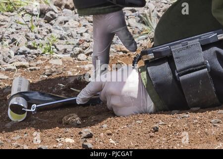 SCHOFIELD BARRACKS, Missouri (20 juillet 2018) Le Matelot Tchad Downey, un plongeur-démineur avec l'Unité de plongée de la Flotte (Atlantique) inspecte les vestiges d'une simulation d'engins explosifs improvisés (IED) dans le cadre d'un EEI scénario contre-mesures au cours de l'exercice RIMPAC 2018. Vingt-cinq nations, 46 navires, 5 sous-marins, environ 200 avions et 25 000 personnes participent à l'EXERCICE RIMPAC du 27 juin au 2 août dans et autour des îles Hawaï et la Californie du Sud. Le plus grand exercice maritime international RIMPAC, fournit une formation unique tout en favorisant la coopération et le soutien Banque D'Images