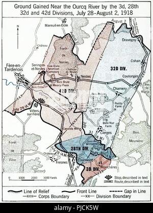 Une représentation graphique de l'Aisne Marne offensive du U.S. Army National Guard's 42e division près de Chateau Thierry, France. La 42e Division saisi Croix Rouge ferme et traversé la rivière Ourcq 29 Juillet, aidé par deux bataillons de la 4e Division. Ils s'emparent de Sergy, Meurcy ferme et Seringes-et-Nesles, avançant sur la 30e à la Foret de Nesles et au-delà de Sergy. Banque D'Images