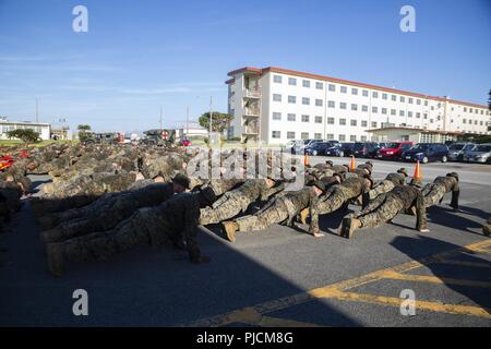 Fusiliers marins et marins avec un bataillon de logistique de combat 31 effectuer des push-ups après une randonnée de cinq kilomètres, conditionné au Camp Hansen, Okinawa, Japon, Juillet 20, 2018. Le BEC-31 Marines et marins terminé la randonnée pour construire l'endurance et le moral de l'unité. La 31e MEU, le Marine Corps' seulement continuellement de l'avant-déployés MEU, fournit une force flexible prêt à réaliser une vaste gamme d'opérations militaires. Banque D'Images