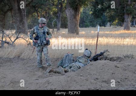 Réserve de l'armée américaine le Sgt. Le Major Scott Gaines, 412e commande Ingénieur Théâtre, Vicksburg, Mississippi, s'assure qu'un soldat avec la 779ème compagnie du génie, le bataillon du génie 463rd Brigade, 926e, 412e Ingénieur Ingénieur Théâtre Commande, basée à Parkersburg, W.V., a beaucoup d'eau pendant l'exercice de formation de soutien au combat (CSTX) 91-18-01 à Fort Hunter Liggett, Calif., le 20 juillet, 2018. CSTX 91-18-01 est un exercice d'entraînement de soutien au combat qui assure l'America's Army les unités de réserve et les soldats sont formés et prêts à se déployer et mettre en mesure, aptes au combat, et la puissance de feu meurtrière à l'appui de l'armée et Banque D'Images