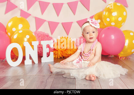 Portrait of cute adorable Caucasian baby girl in tutu jupe en tulle célèbre son premier anniversaire. Enfant kid sitting on floor en studio avec drapeaux rose Banque D'Images