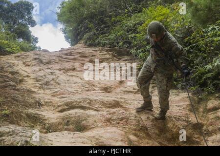 Le Cpl. Chris Leon, un opérateur radio avec Echo, l'entreprise Équipe de débarquement du bataillon, 2e Bataillon, 5ème Marines, rappels au cours d'une application pratique du mouvement assistée de corde au Jungle Warfare Training Center, Camp Gonsalves, Okinawa, Japon, Juillet 24, 2018. Leon, originaire de Brooklyn, New York, a fait appel à partir de la sous-station de recrutement Flatbush avant de partir pour la formation de base en juin 2015. Les marines formés à se préparer à une ETFC patrouille à venir de la région indo-pacifique comme l'élément de combat terrestre pour la 31e Marine Expeditionary Unit. La 31e MEU, le Marine Corps' seulement continuellement de l'avant-d Banque D'Images