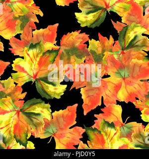 Un modèle uniforme de l'aquarelle automne feuilles de vigne sur un fond noir, une impression de répétition de l'automne Banque D'Images
