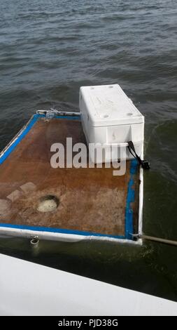 Deux hommes étaient situés sur ces débris de leur bateau de pêche Mercredi matin dans la région de Pamlico Sound, Caroline du Nord, le 18 juillet 2018. Les deux hommes ont été à la crevette à bord de leur bateau de pêche de 35 pieds, Mad Lady II, lorsqu'une tempête faisant chavirer leur bateau. Photo de la Garde côtière des États-Unis. Banque D'Images