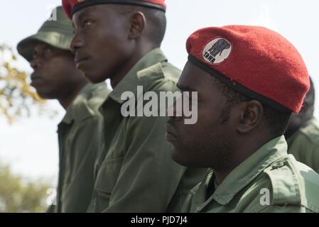 L'autorité de gestion de la faune tanzanienne (TAWA) aux gardes-chasse de patrouille des soldats de l'armée américaine comme écouter de la 404e Bataillon des affaires civiles fournissent des conseils pendant une contre le trafic illicite, en cours Ngwala, Tanzanie, le 24 juillet 2018. Le cours d'un mois, fourni par le 404e Bataillon des affaires civiles, est conçu pour améliorer la TAWA capacités anti-braconnage. Banque D'Images