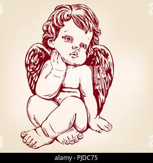 Ange ou cupidon, petit bébé carte de souhaits hand drawn vector illustration croquis réalistes Illustration de Vecteur