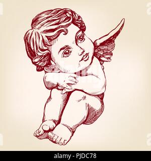 Ange ou cupidon, petit bébé carte de souhaits hand drawn vector illustration croquis réalistes Illustration de Vecteur