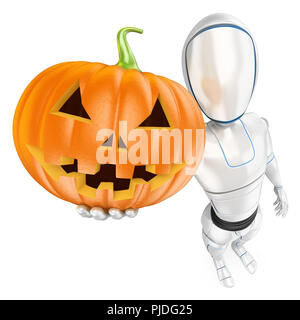 Android futuriste 3d illustration. Robot humanoïde avec une grosse citrouille. L'Halloween. Isolé sur fond blanc. Banque D'Images