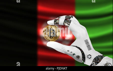 Dans le bitcoin monnaie crypto la main de robot, le concept de l'intelligence artificielle, l'arrière-plan pavillon de l'Afghanistan Banque D'Images