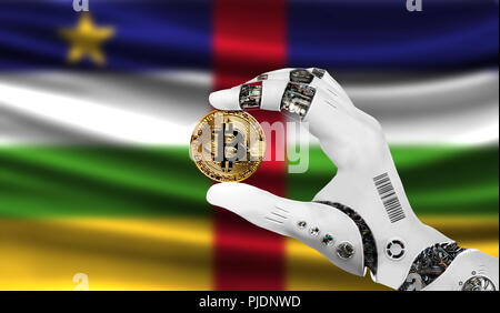 Dans le bitcoin monnaie crypto la main de robot, le concept de l'intelligence artificielle, l'arrière-plan d'un drapeau de la République centrafricaine Banque D'Images