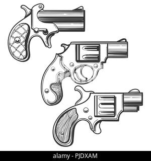 Ensemble de pistolets rétro. Trois revolvers de poche appelée en gravure. Vector illustration. Illustration de Vecteur