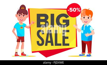 Grosse Vente Banner vecteur. Les enfants de l'école, l'élève. Drôle de caractère. Jusqu'à 50  % sur des Badges. Illustration isolé Illustration de Vecteur