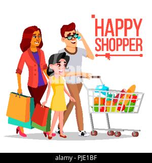 Shopping Woman vecteur. Couple heureux en famille. Panier d'épicerie. Femme joyeuse. La tenue des sacs en papier. L'épicerie en boutique, supermarché. Journée de Shopping. Plaisir de l'achat. Cartoon illustration isolé d'affaires Illustration de Vecteur