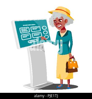 Vieille Femme en utilisant un guichet automatique, vecteur terminal numérique. Kiosque numérique affichage LED. Système d'information en libre service. Télévision Cartoon illustration isolé Illustration de Vecteur