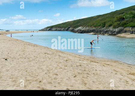 Les vacanciers on Stand up Paddleboards sur la rivière Gannel à Crantock en Newquay Cornwall. Banque D'Images