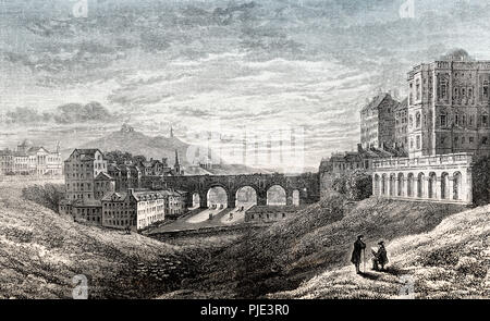 L'ancien pont du Nord, de l'ouest, avec Calton Hill à l'arrière-plan, en 1829, Édimbourg, Écosse Banque D'Images