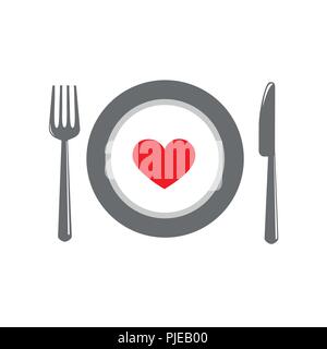 Assiette et couverts avec coeur rouge pour la Saint-Valentin vector illustration EPS10 Illustration de Vecteur