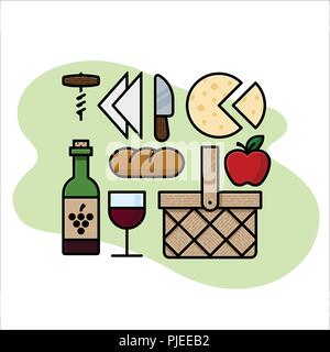 Panier à pique-nique et des aliments y compris le vin et fromage Illustration de Vecteur