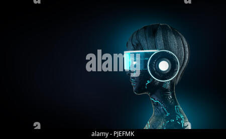 3d illustration cyborg girl in glowing casque vr intelligence artificielle apprentissage automatique, l'informatique quantique concept Banque D'Images