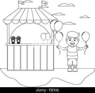 Carnaval en ligne shop et happy boy with balloons Illustration de Vecteur