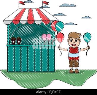 Doodle carnival shop et happy boy with balloons Illustration de Vecteur