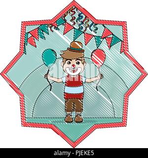 Doodle nice clown garçon avec ballon et drapeaux de parti à l'intérieur star Illustration de Vecteur