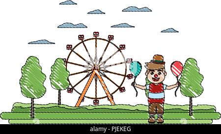 Grande roue de doodle et garçon clown mécanique Illustration de Vecteur