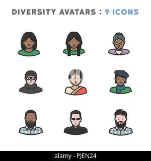 9 avatars représentant diverses cultures, religions et nationalités Illustration de Vecteur