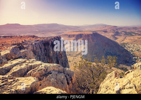 Vue depuis Arbel falaise. Galilée, Israël Banque D'Images