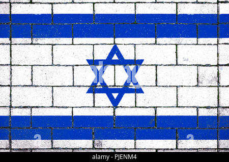 Drapeau national d'Israël dans le contexte d'un arrière-plan en pierre recouverts de mousse Banque D'Images