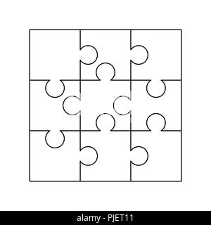 9 pièces puzzles blancs disposés dans un carré. Modèle Puzzle prêt à imprimer. Lignes directrices coupe isolated on white Illustration de Vecteur