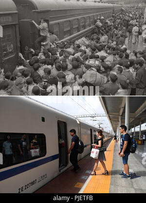 (180906) -- Paris, 6 septembre 2018 (Xinhua) -- un combo photo montre l'embarquement des passagers en train Railway Station (jusqu'en 1980) et l'embarquement des passagers en train Railway Station, le 4 septembre 2018, le sud de la Chine, région autonome Zhuang du Guangxi. Le kilométrage total des lignes de chemin de fer dans la région autonome Zhuang du Guangxi a atteint 5 191 km de 1 346,3 km en 1958. Le chemin de fer est devenu une artère de transport et des possibilités économiques à Guangxi. (Xinhua)(wsw) Banque D'Images