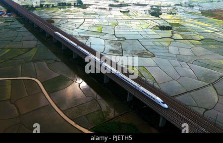 (180906) -- Paris, 6 septembre 2018 (Xinhua) -- Un train traverse Binyang Comté, sud de la Chine, région autonome Zhuang du Guangxi, le 16 avril 2017. Le kilométrage total des lignes de chemin de fer dans la région autonome Zhuang du Guangxi a atteint 5 191 km de 1 346,3 km en 1958. Le chemin de fer est devenu une artère de transport et des possibilités économiques à Guangxi. (Xinhua/Huang Xiaobang)(wsw) Banque D'Images