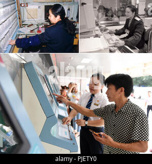 Nanning. Sep 6, 2018. Un combo photo montre un membre du personnel de la vente de billets en 1980 (haut, L), un membre du personnel de la vente de billets sur ordinateur (R), jusqu'en 1988 et un passager se billet sur une machine automatique de billets, le 4 septembre 2018 à la gare de Nanning, Chine du Sud, région autonome Zhuang du Guangxi. Le kilométrage total des lignes de chemin de fer dans la région autonome Zhuang du Guangxi a atteint 5 191 km de 1 346,3 km en 1958. Le chemin de fer est devenu une artère de transport et des possibilités économiques à Guangxi. Source : Xinhua/Alamy Live News Banque D'Images