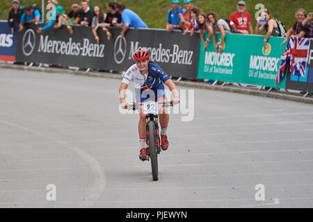 Lenzerheide (Suisse). 5 septembre 2018. Au cours de l'UCI Harriet Harnden 2018 Championnats du Monde de vélo de montagne cross-country Juniors Femmes XCO Olympique dans la région de Lenzerheide. Crédit : Rolf Simeon/Alamy Live News Banque D'Images