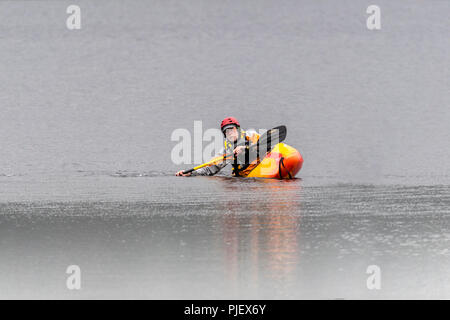 Bala Noth galles 6 Septembre 2018 : journée grise et la pluie avec des sorts en fin d'après-midi, le chemin de fer à vapeur de Bala chien porte sa veste, canoë sur le lac de Bala. Clifford Norton Alamy Live News. Banque D'Images