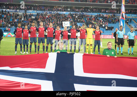 Norvège, Oslo - septembre 6, 2018. Les joueurs de la Norvège vu lors d'nathonal avant l'hymne de la Ligue des Nations Unies l'UEFA match de football entre la Norvège et de Chypre à l'Ullevaal Stadion. (Photo crédit : Gonzales Photo - Jan-Erik Eriksen). Gonzales : Crédit Photo/Alamy Live News Banque D'Images