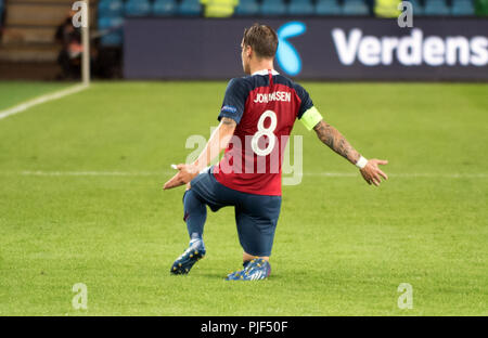 Norvège, Oslo - septembre 6, 2018. Stefan Johansen (8) de la Norvège marque son deuxième but durant le match de football de l'UEFA Ligue des Nations Unies entre la Norvège et de Chypre à l'Ullevaal Stadion. (Photo crédit : Gonzales Photo - Jan-Erik Eriksen). Gonzales : Crédit Photo/Alamy Live News Banque D'Images