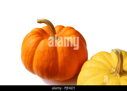 Gros plan d'une couleur orange vif et d'une citrouille mûre jaune en premier plan isolé sur fond blanc Banque D'Images