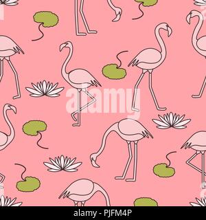 Modèle sans couture avec Flamingo, les fleurs et les feuilles des nénuphars. Conception pour poster ou imprimer. Illustration de Vecteur