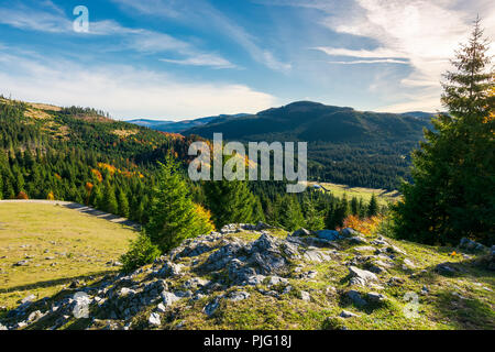 Falaise rocheuse au-dessus de la vallée boisée. beau lever du soleil en automne paysage montagneux. Banque D'Images